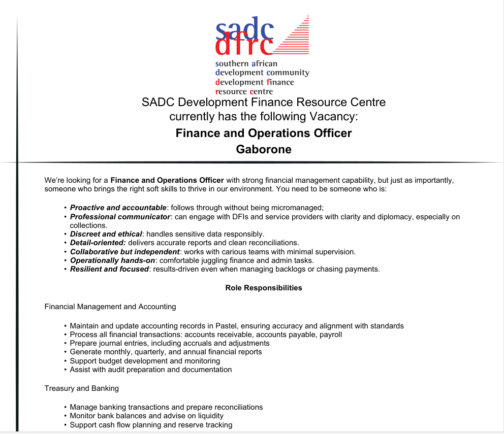 Vacancy - Finance & Operations Officer [CLOSED] – SADC-DFRC