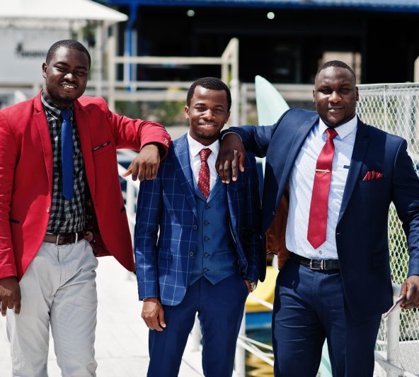 Three african american happy succesfull mans at suit. Rich black business mans.