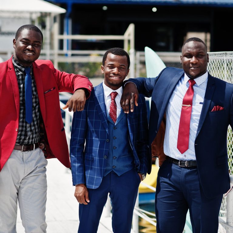 Three african american happy succesfull mans at suit. Rich black business mans.