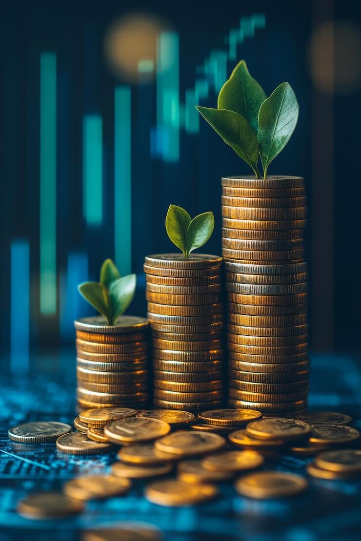 sustainable financial growth investment strategy represented by plants growing stacked coins